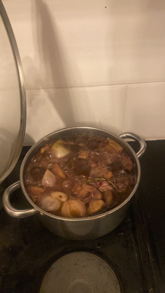 A cooking pot full of Boeuf bourguignon 