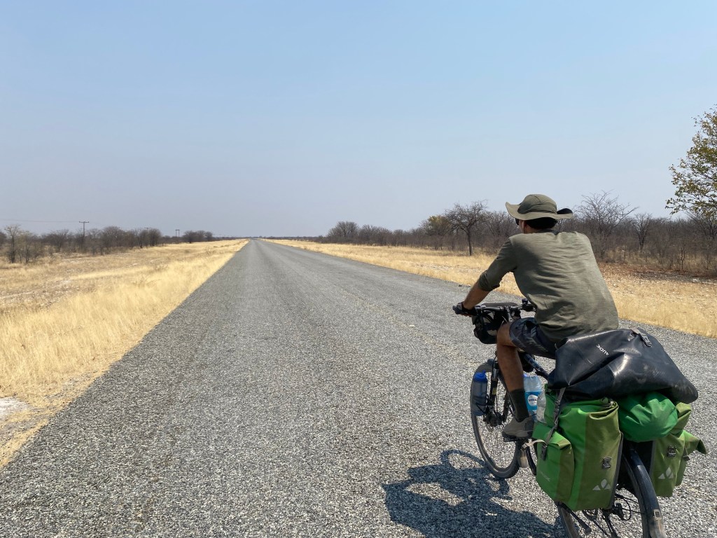 Cyclist on his bike a straight road in Botswana 