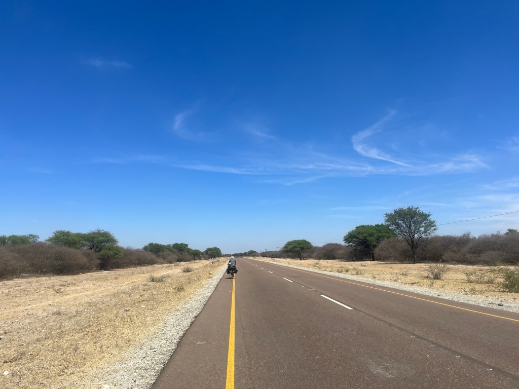 Cyclist on the road from Maun to Sehithwa